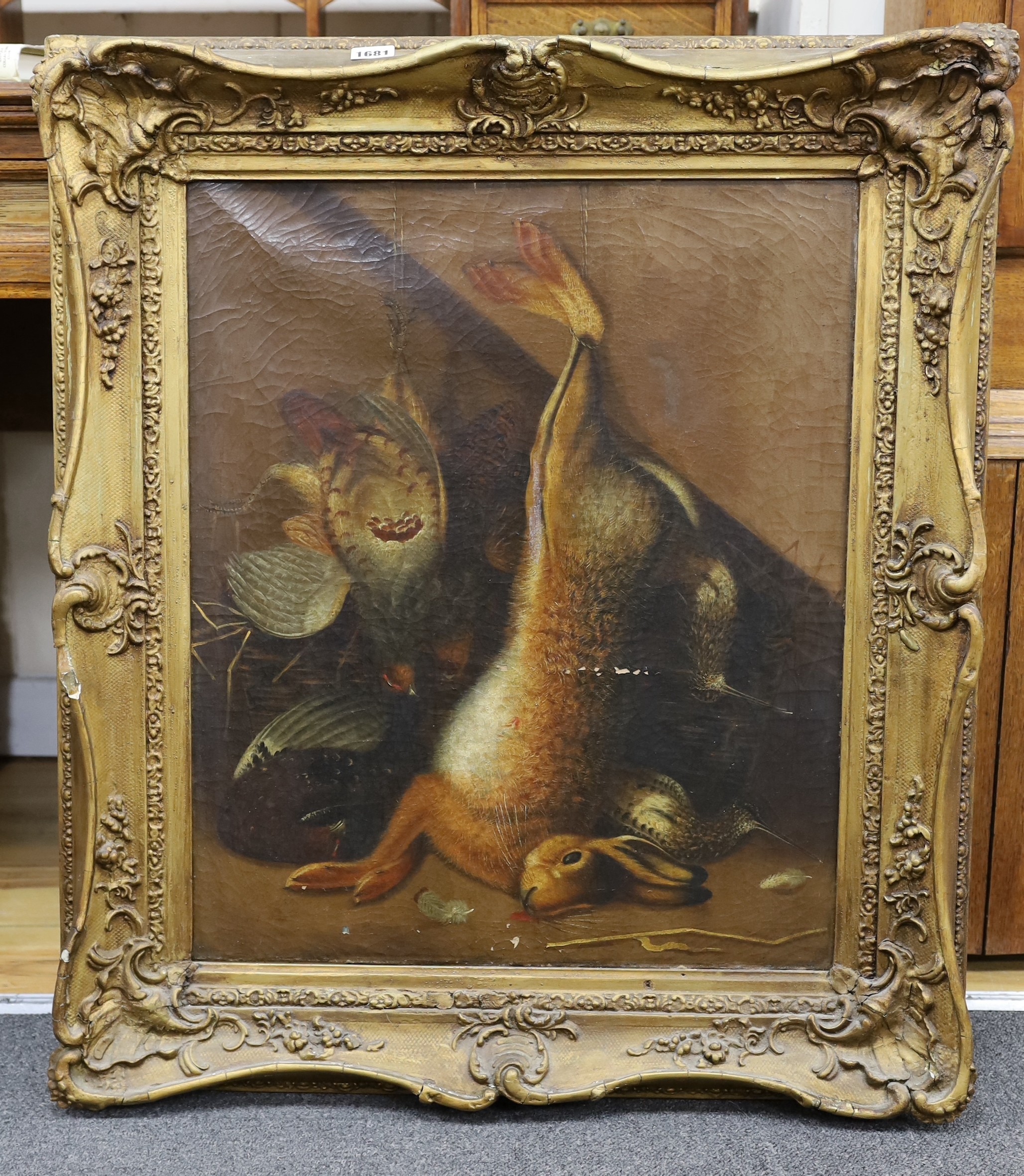 Manner William Beulow Gould (1803-1853), oil on canvas, Still life with a hare, 60 x 50cm